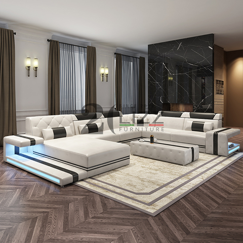 Sofa sectionnel à LED marron foncé en forme de U avec table basse