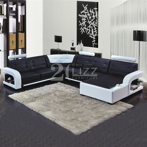 Sofa sectionnel en cuir en forme de U avec chaise de rangement