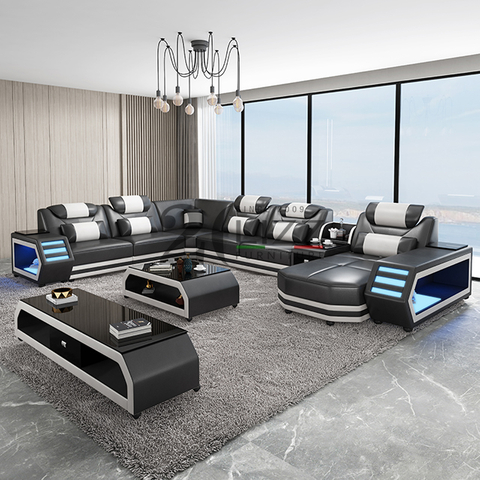 Sofa sectionnel à led blanc en forme de U avec table basse