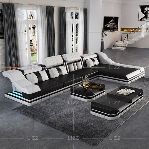 Canapé sectionnel en cuir en forme de L avec table basse