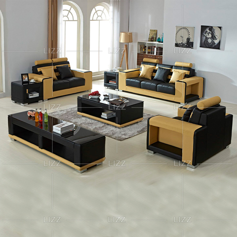 Canapé de salon modulable en cuir véritable avec table