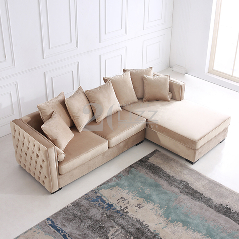 Canapé d'angle en tissu velours avec cadre en bois