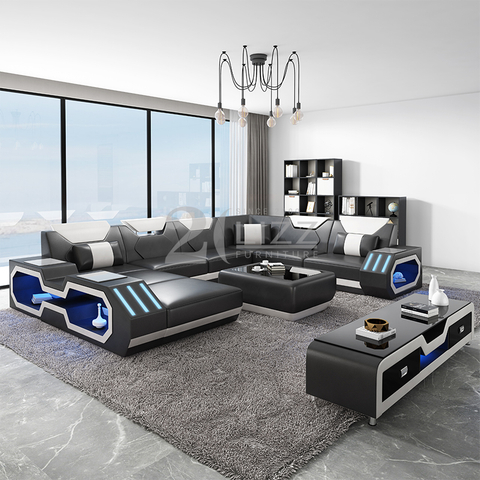 Sofa sectionnel mené en cuir véritable avec chaise longue
