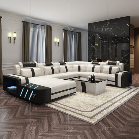 Accueil Sofa sectionnel en toile à led noir et blanc avec grands coussins