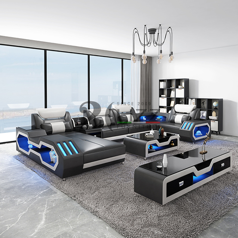 Sofa sectionnel en cuir en forme de U avec support pour téléviseur
