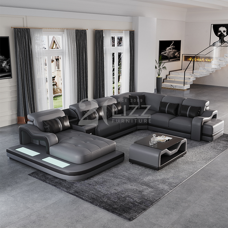 Sofa sectionnel à LED gris foncé en forme de U avec table basse