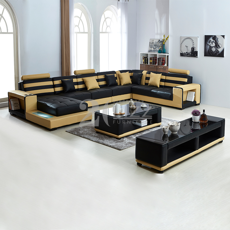Sofa sectionnel en forme de U noir et jaune avec rangement
