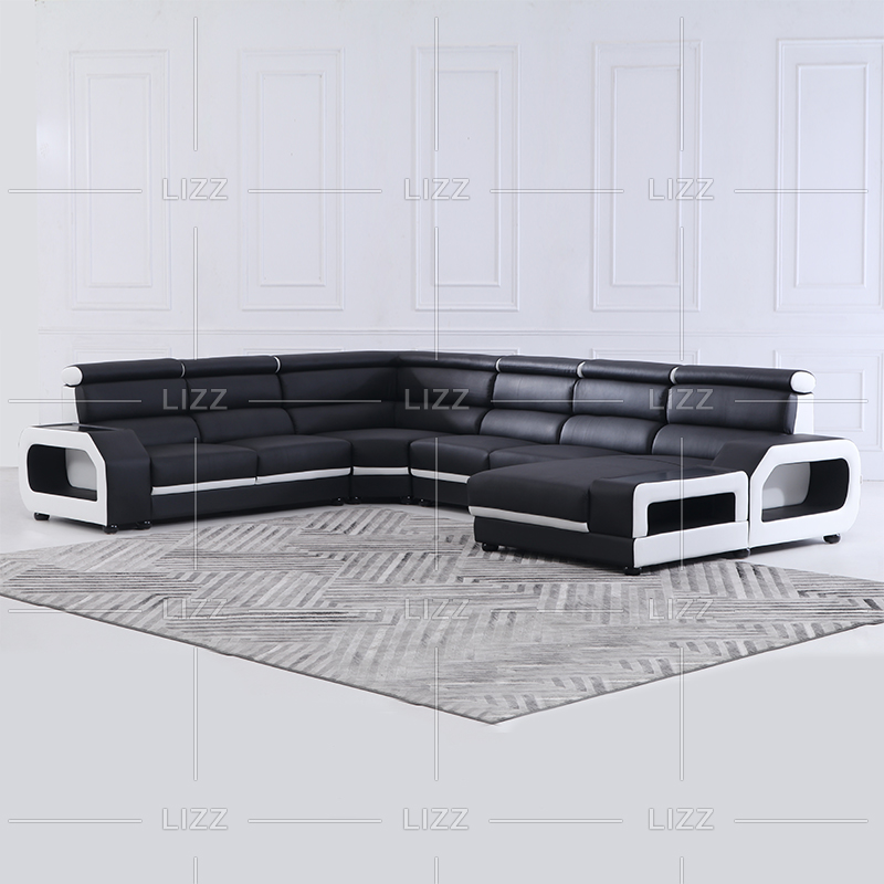 Canapé de salon carré floral en forme de L noir et blanc